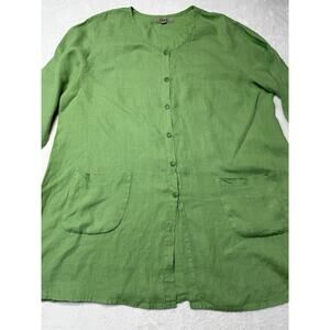 Flax Linen 2 Pocket Smock Top In Lime Green Women’s LG. Bottom Button Missing.